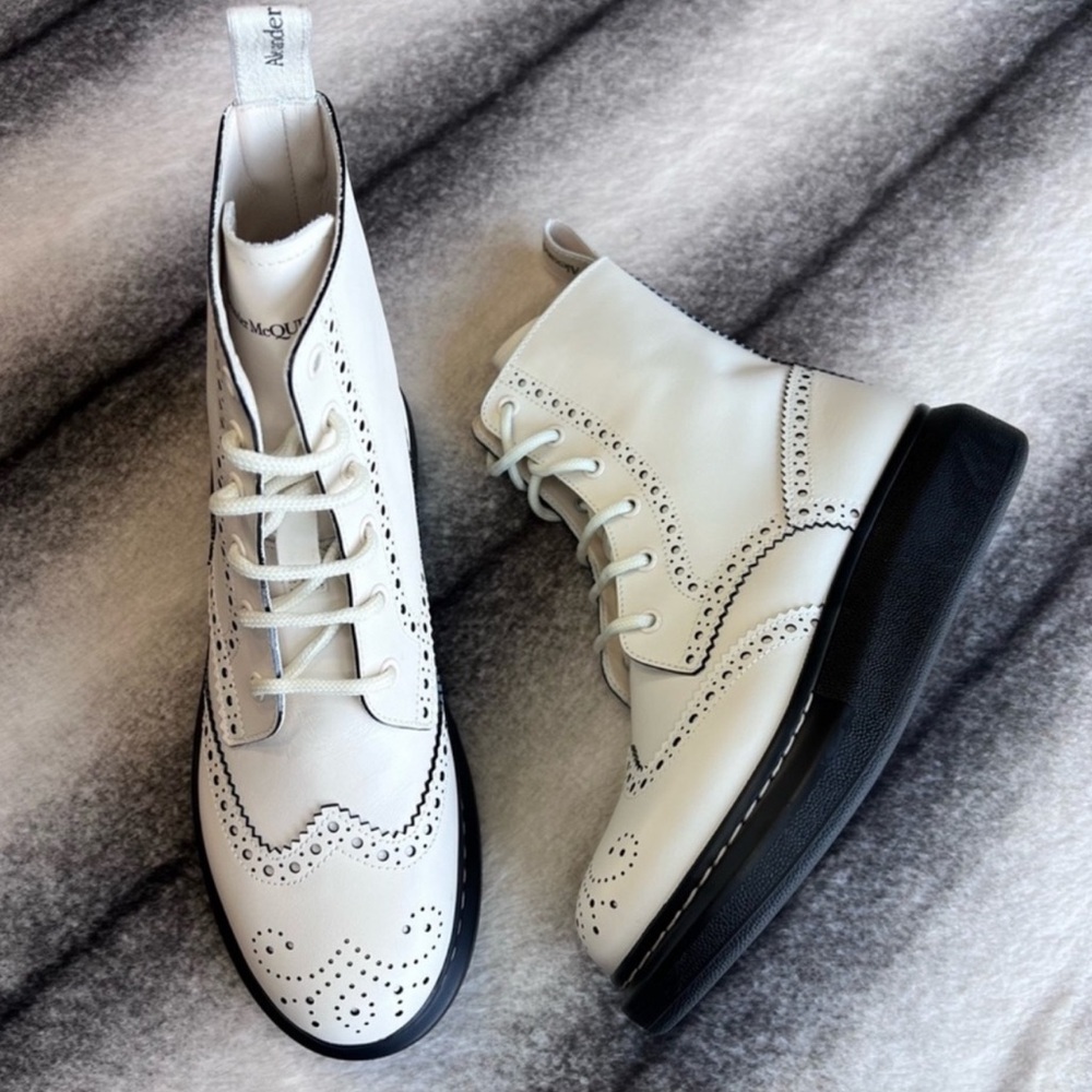 Alexander McQueen Lace Up Calico Leather Logo Boots